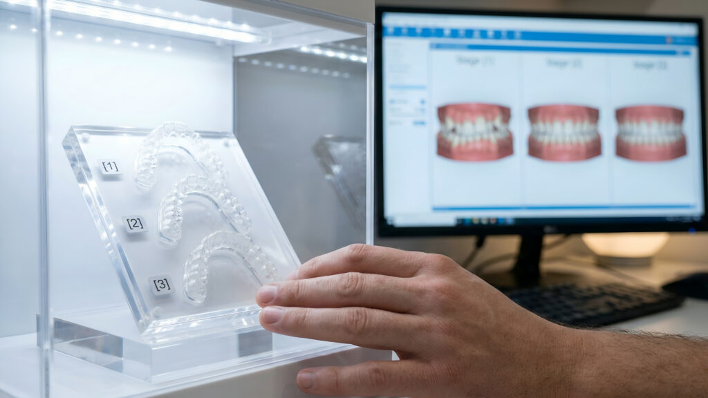 Dentist examining clear dental aligners during a cosmetic consultation