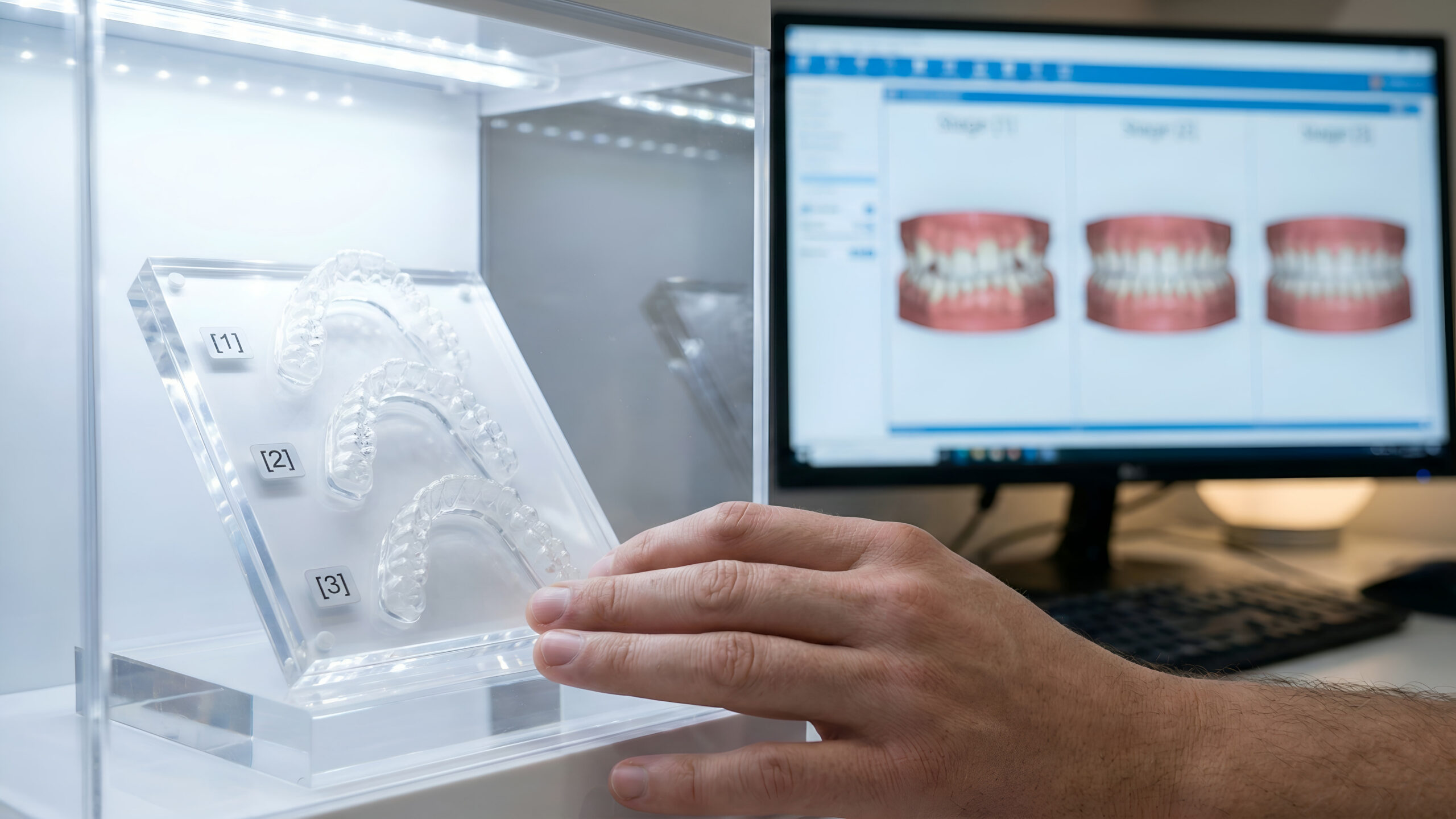 Dentist examining clear dental aligners during a cosmetic consultation
