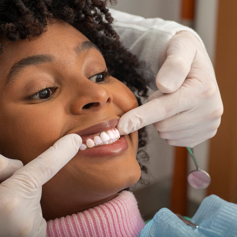 Dentist wearing gloves is carefully examining a patient's teeth in a modern dental clinic, ensuring optimal oral health and hygiene