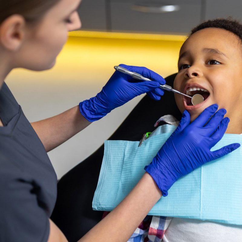 In dentistry. Female doctor checking up dark-skinned boy